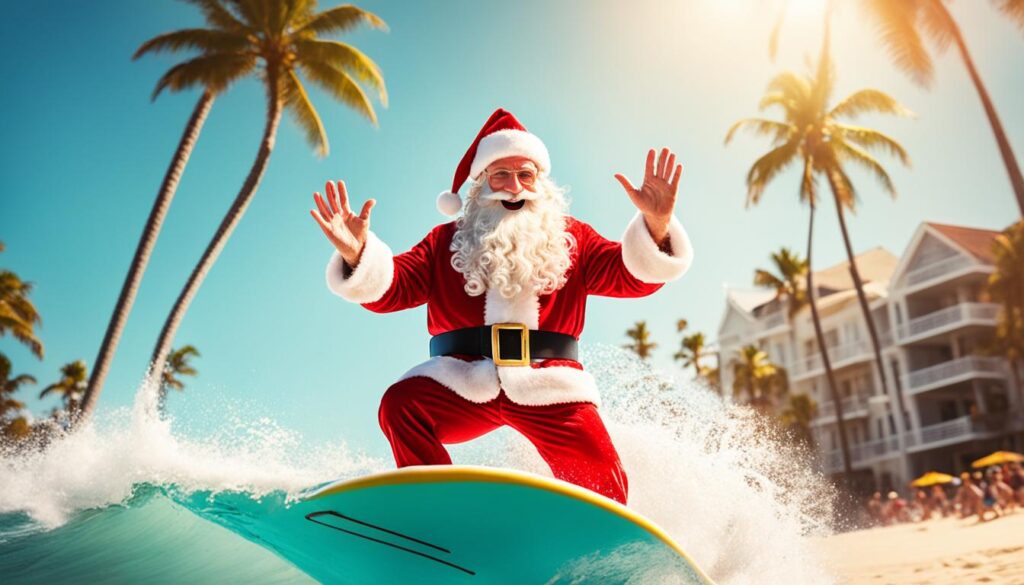 Surfing Santa on a tropical Hawaiian beach during Christmas